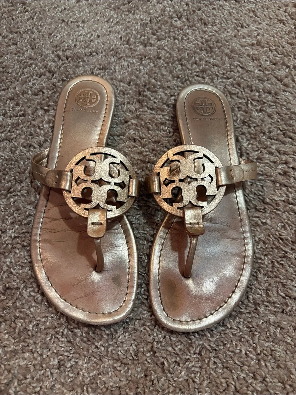 Tory Burch Miller Metallic Rose Gold Logo Thong Sandals
